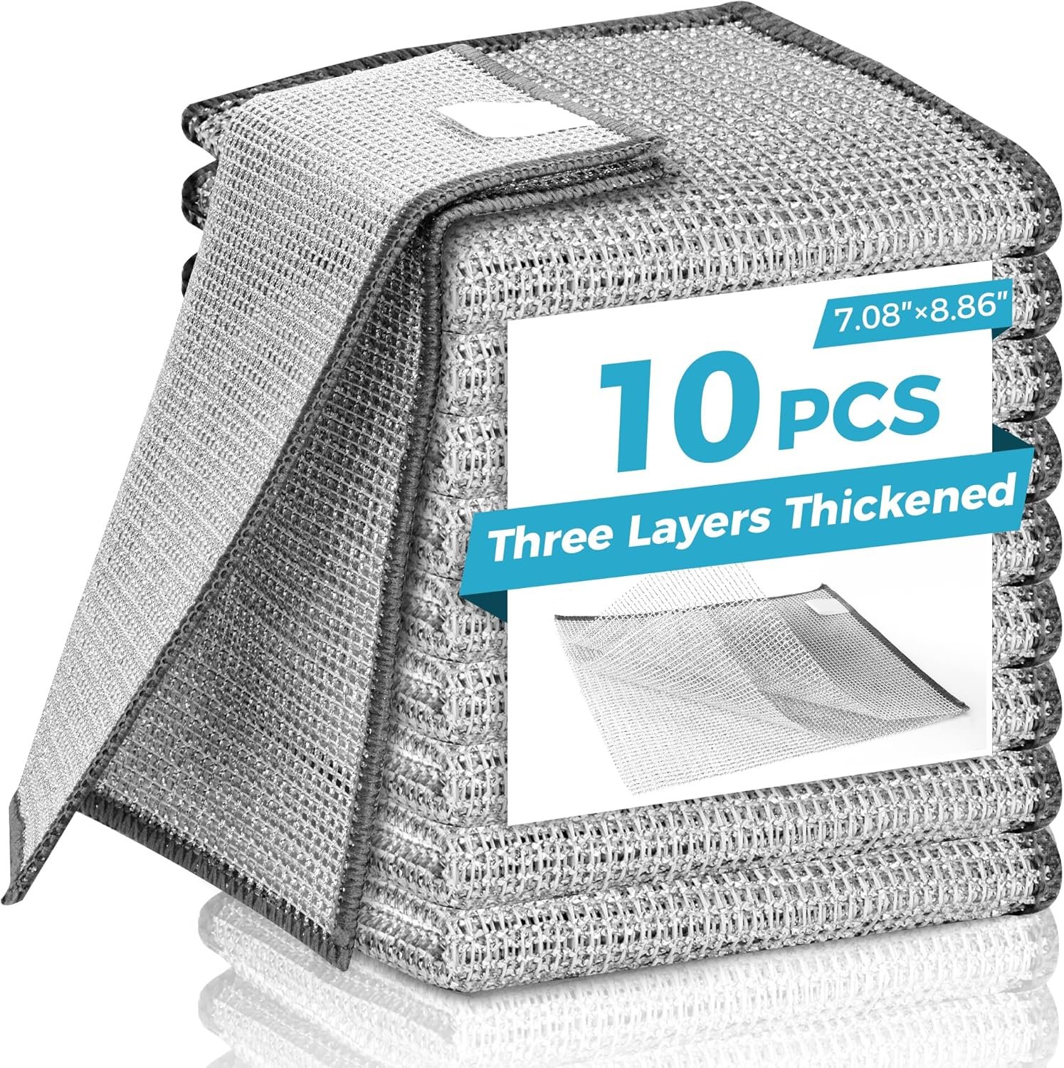 Forggon 10 Pcs New Upgrade3-Layermetal Dish Cloth, No Scratches and，No Odor，Multipurpose Wire Dishwashing Rag for Wet and Dry,Kitchen Cleaning DishRags,Sinks, Dishes,Stove Top,Dimensions(7.08X8.86)